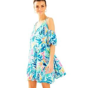 Lilly Pulitzer Women Bellamie Open Cold Shoulder Serene Blue Swing‎ Dress Small